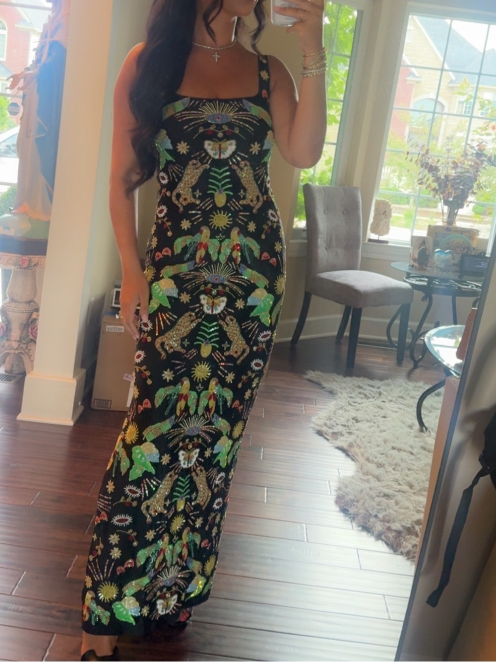 Black Embroidered Maxi Dress with Colorful Animal & Floral Motifs - Picture 2 of 3